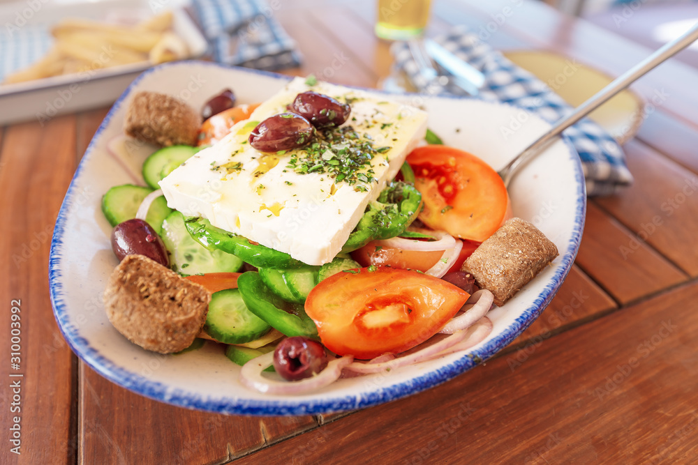 Greek salad Horiatiki closeup view Greek salad Horiatiki closeup view