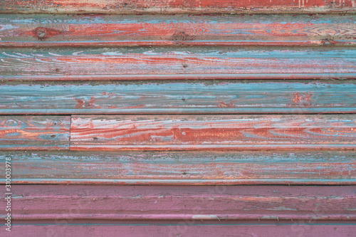 Beautiful colorful blue, pink and orange old wooden texture background. Scratched weathered wooden wall with peeled off paint close up. Horizontal wooden boards. Copy space 