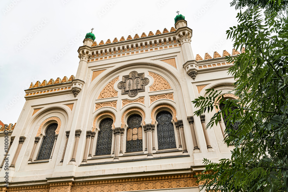 Facade of Spanish Synagogue in Josefov, Prague in Czech Republic. Sephardic Jewish temple in the Old Town, Prague
