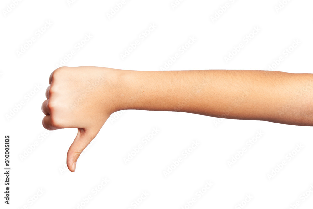 Woman with white skin shows hand with sign Woman with white skin shows hand with sign