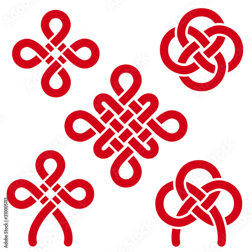 Chinese red knots - flower, pan chang, happy, double coin. Traditional asian auspicious symbols. Vector set of 5. photo