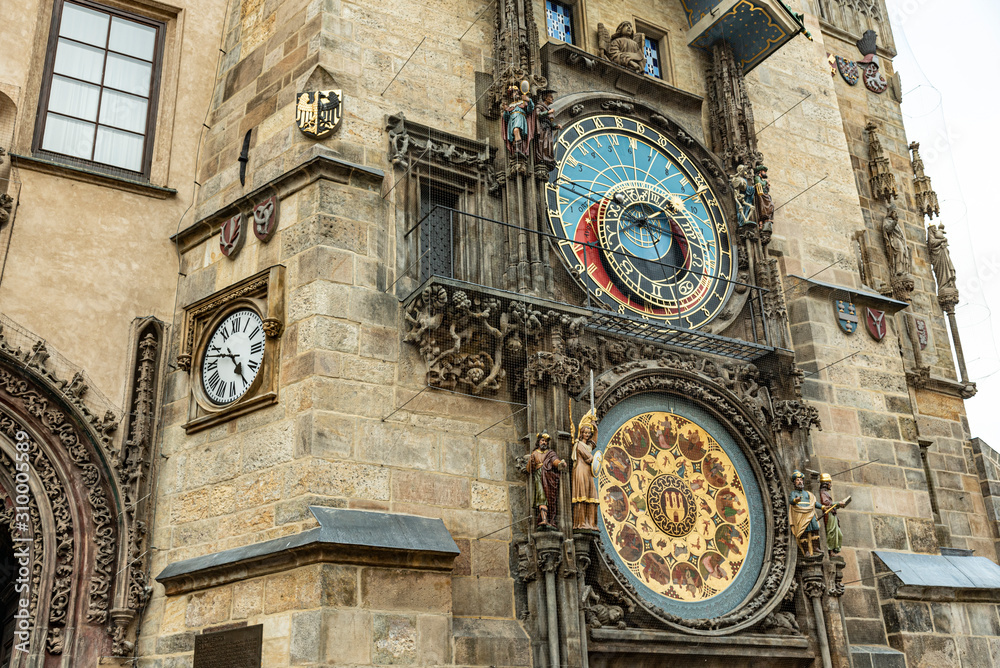 Obraz premium Astronomical Clock and tower in Prague, Czech Republic. Prague’s Astronomical Clock at Old Town City Hall from year 1410. It is the oldest clock of this type still working.