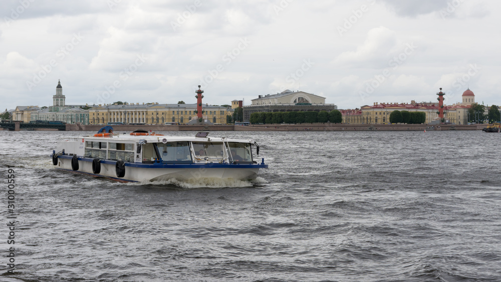pleasure ship sails on the Neva river in St. Petersburg