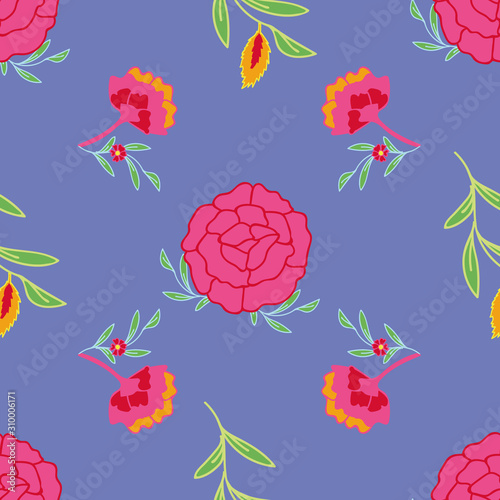 Vector psychedelic folk seamless pattern with colorful ethnic rose flowers and leaves, orange, green, red, purple background.
