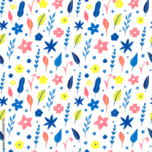 Abstract hand drawn watercolor, gouache flowers, leaves seamless patter on white background. Textile pattern in trendy colors. Perfect for covers, fabric, print. Modern blue, coral, yellow, pink.