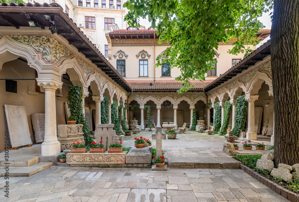 The exterior of the Stavropoleos Monastery in the historic center of Bucharest, Romania