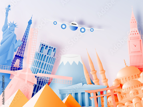Various travel attractions in paper art style