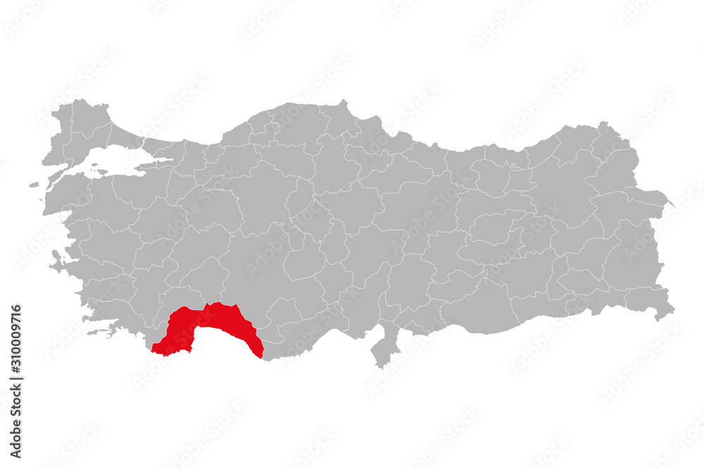Obraz premium Antalya province highlighted red color on turkey map vector. Gray background.