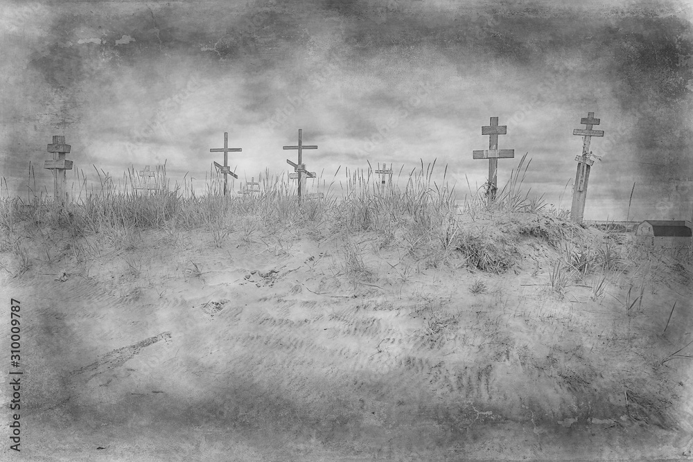 Obraz premium grave crosses in a desert cemetery / climate change concept warming, disaster, apocalypse, Christian cemetery