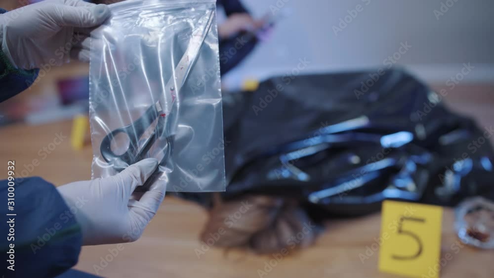 Closeup of blooded scissors in transparent package. Forensic