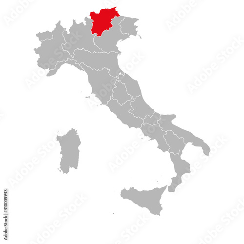 Trentino marked red on italy map. Gray background. Italian political map.