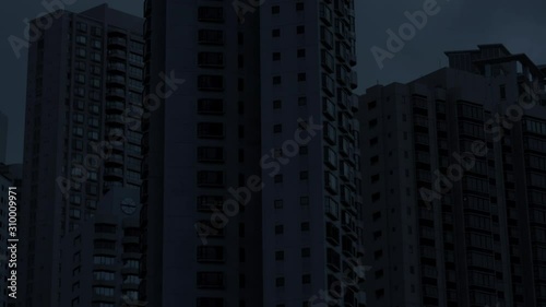 City Building Blackout. Power Outage In High Rise Buildings. Energy Crisis, Disaster, Economy Recession Concept.  photo