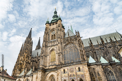 St. Vitus's Cathedral in Prague Castle, Czech Republic. Low Angle View of St. Vitus Cathedral bell towers