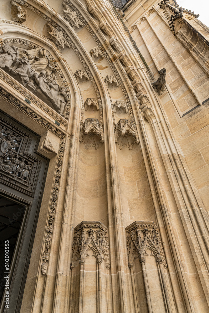 St. Vitus's Cathedral detail inside Prague Castle, Czech Republic. Gothic ornamental details of St. Vitus Cathedral 