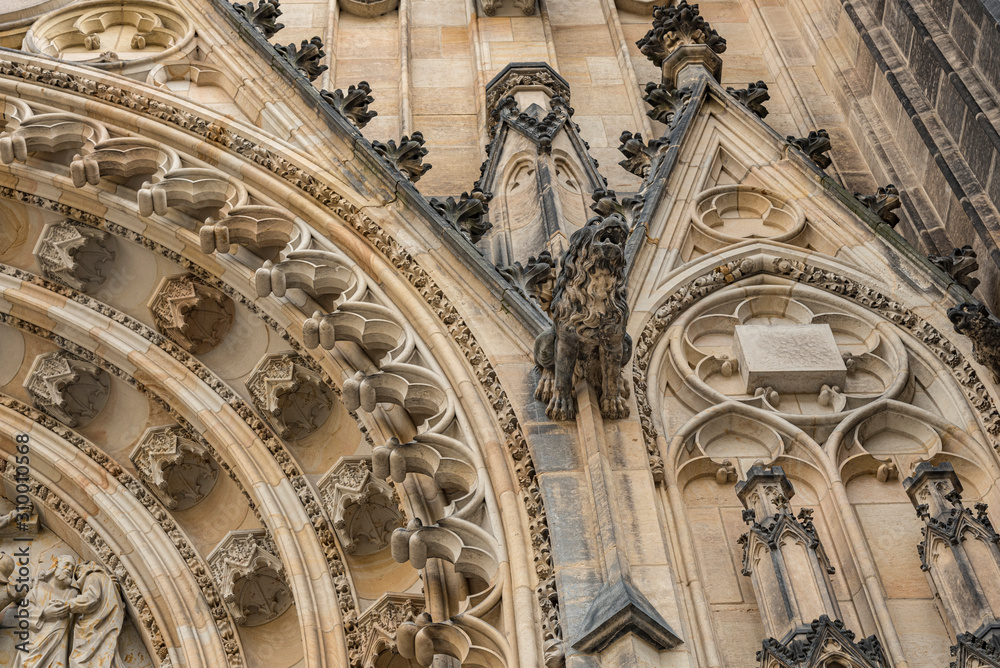 St. Vitus's Cathedral detail inside Prague Castle, Czech Republic. Gothic ornamental details of St. Vitus Cathedral 