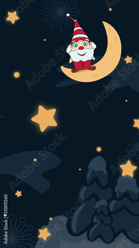 Vector illustration of Santa Gnome sits on the moon above snow-covered fir trees