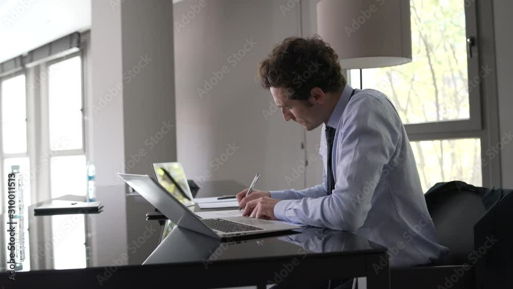 Businessman working on laptop meeting room Businessman working on laptop meeting room