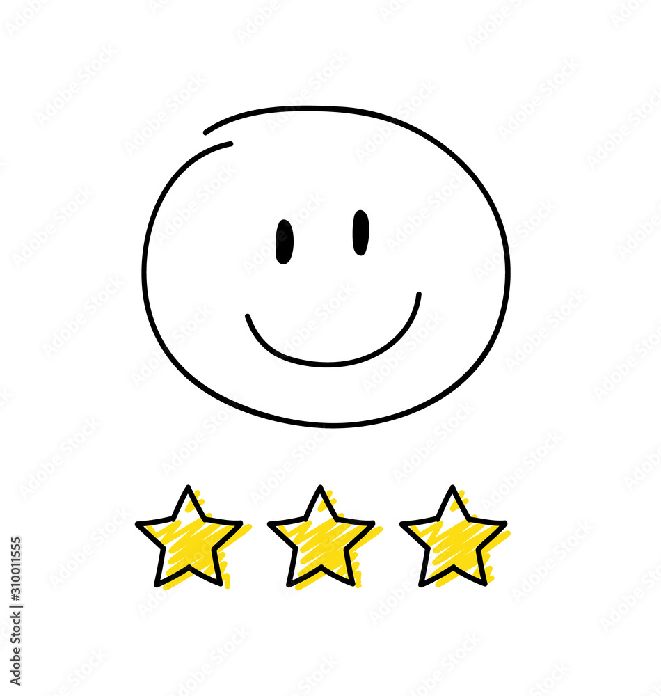 Review - three star rating. Happy white coloured stickman. Vector.