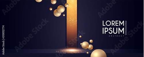 Empty scene with golden light and 3d flying spheres. Showcase and fashion design.