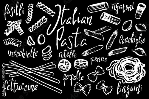 Italian pasta shapes, white chalk vector illustration on black background. Pasta italiana sketch on blackboard