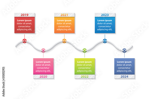colorful timeline infographic with 6 steps design template, Infographics management, finance, analytics, presentation. Vector illustration