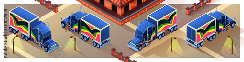 Truck, heavy truck. Four projections of a heavy truck in isometry. Isolated Vector.