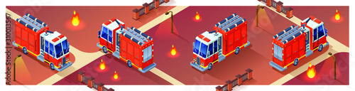 Illustration with fire truck isometric. Four projections of a fire engine in isometry. The set of objects isolated vector.
