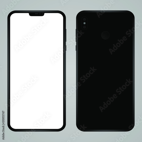 Brand new smartphone black color with blank screen vector mockup. Front and back view of modern multimedia mobile phone easy to edit and put your image or text