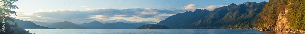 A panoramic view of the mountain ranges and islands off the coast of west Vancouver