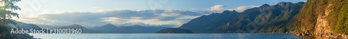 A panoramic view of the mountain ranges and islands off the coast of west Vancouver