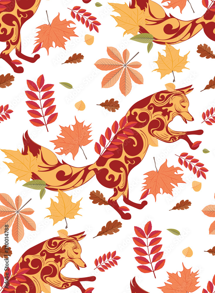 Obraz premium Ornamental fox and autumn leaves