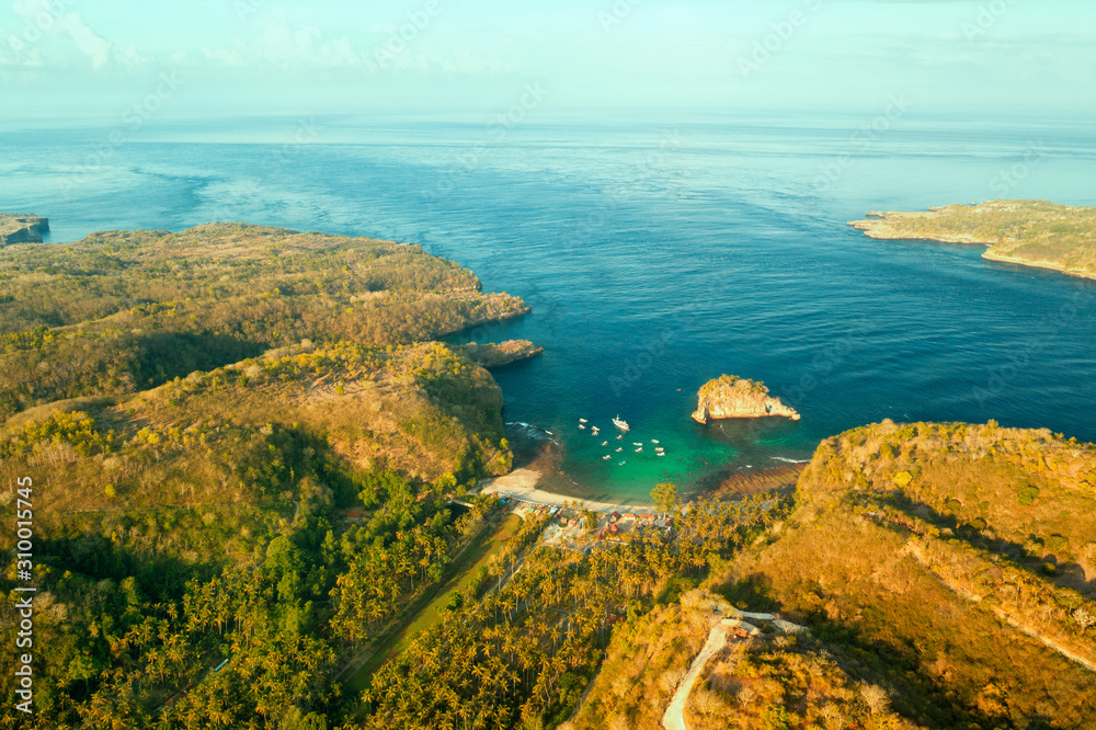Aerial view of the Crystal bay coastline and beach, Nusa Penida island, Indonesia