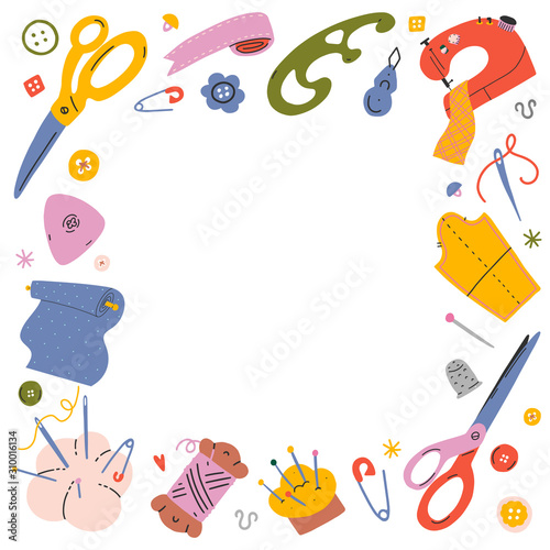Sewing frame background. Vector template with hand drawn coloful illustrations of sewing tools and supplies. Decorative border for banner, text, good as poster. Needlework concept.
