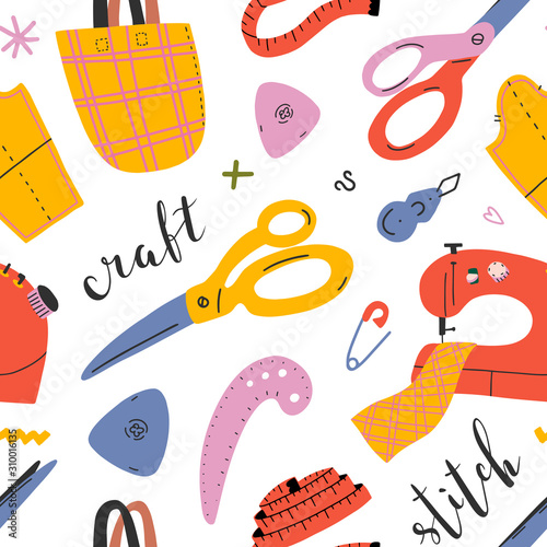 Modern sewing background made of colored hand drawn illustrations with  lettering embroidery and crafts tools and supplies, seamless vector pattern. Tailoring and needlework concept, good for workshop