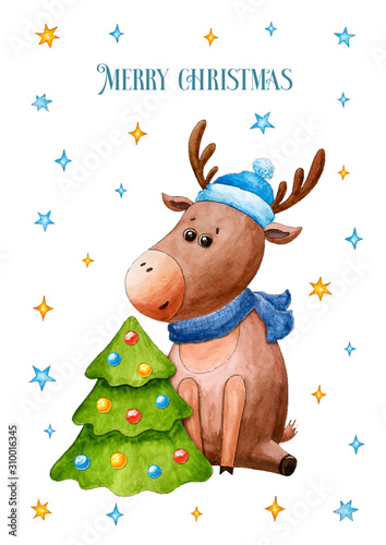 New year's postcard with deer. Christmas and New year. Watercolor cartoon animal. Cute character. Hand drawn illustration. Christmas tree. Greeting card, vector background