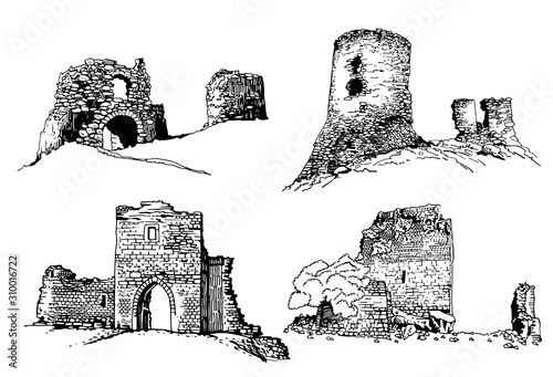 Graphical set of castles isolated on white background, vector illustration , architecture 