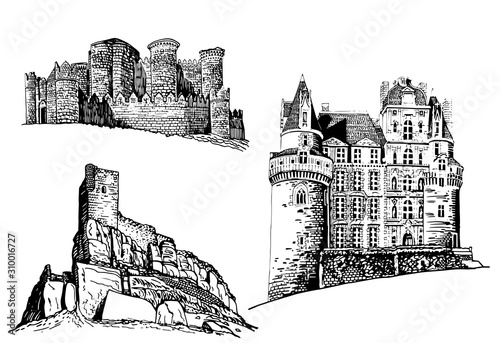 Graphical set of castles isolated on white background, vector illustration , architecture 