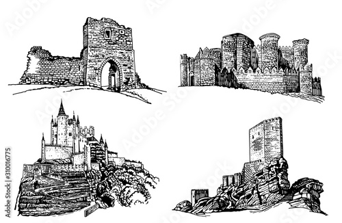 Graphical set of castles isolated on white background, vector illustration , architecture 