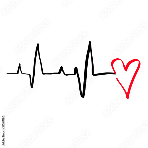 Black Red Heart. Cardiogram illustration mono line style. Romantic minimalism calligraphy love sign heartbeat. Handdrawn icon Valentines day, wedding. Medicine concept symbol greeting card corazones.