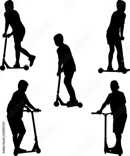 child riding push scooter silhouettes