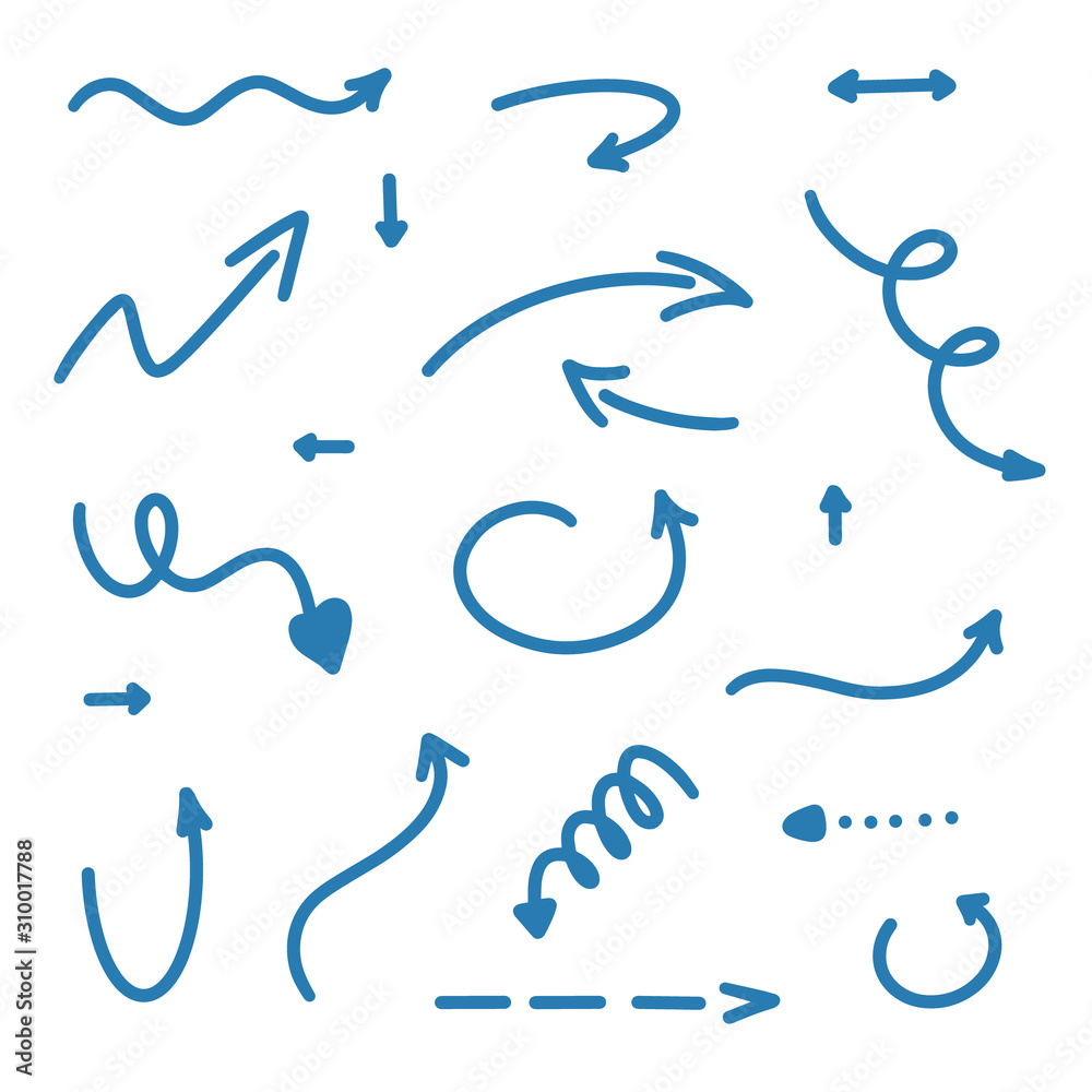 Obraz premium Abstract blue Arrows set. Doodle handmade marker style. Direct Sketch collection illustration for note, business plan, graphic presentation, prints, textiles, wrapping, wallpaper, website. Raster.