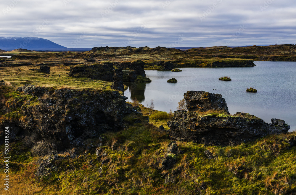Iceland, autumn, incredible landscapes of the country, lake and rocks