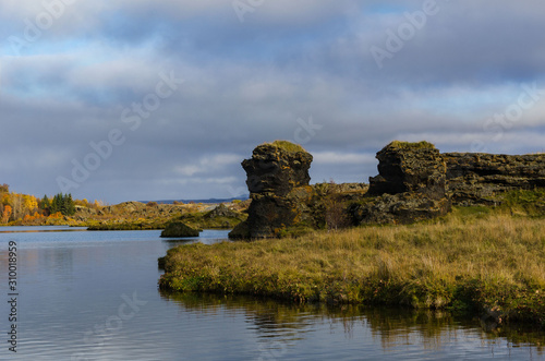 Iceland, autumn, incredible landscapes of the country, lake and rocks