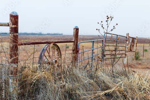 Rustic fence with wagon wheel in Texas farmland