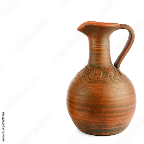 Elegant clay jug Isolated on a white background. Retro item. Free space for your text.