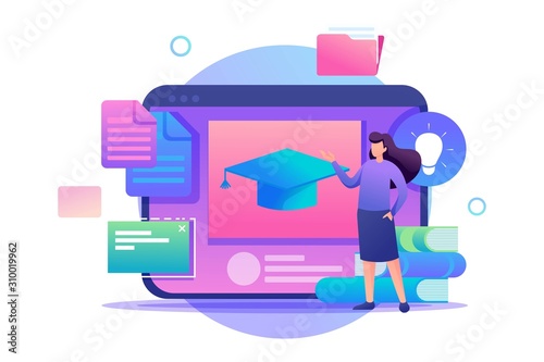 Girl stands next to the tablet screen with educational materials, distance education. Flat 2D character. Concept for web design