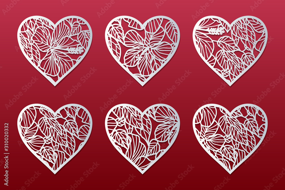 Laser cut hearts set with lace tropical pattern. Templates for interior