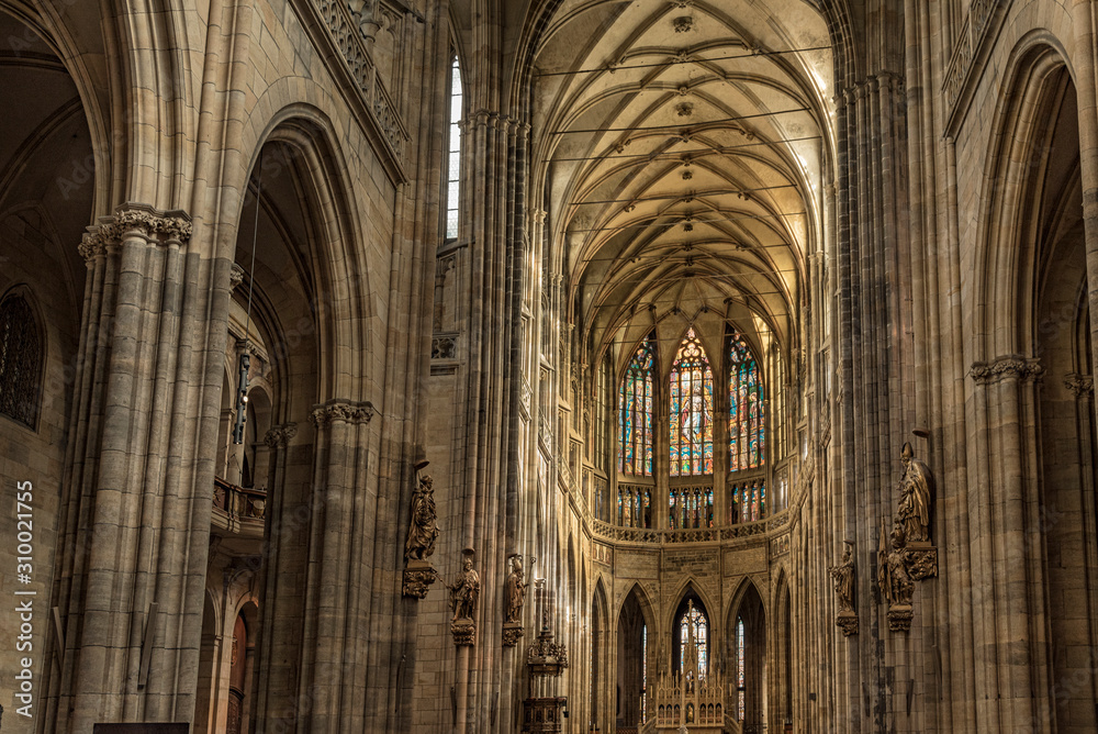 Inside St. Vitus's Cathedral in Prague Castle, Czech Republic. Huge gothic central nave of St. Vitus Cathedral 