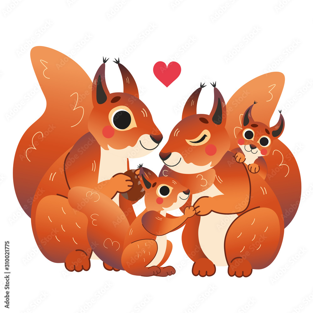 Cute cartoon squirrel family vector image. Male and female squirrels with  their pups. Forest animals for kids. Isolated on white background Stock  Vector | Adobe Stock