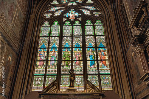 Stained glass inside St. Vitus's Cathedral in Prague Castle, Czech Republic. Gothic ornamental details of St. Vitus Cathedral 